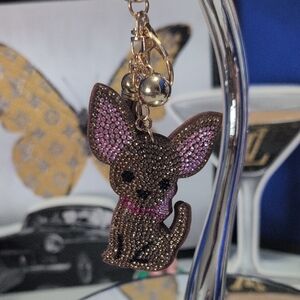 Sparkling Chihuahua Bag Charm/Keychain With Gold Tone Hardware
